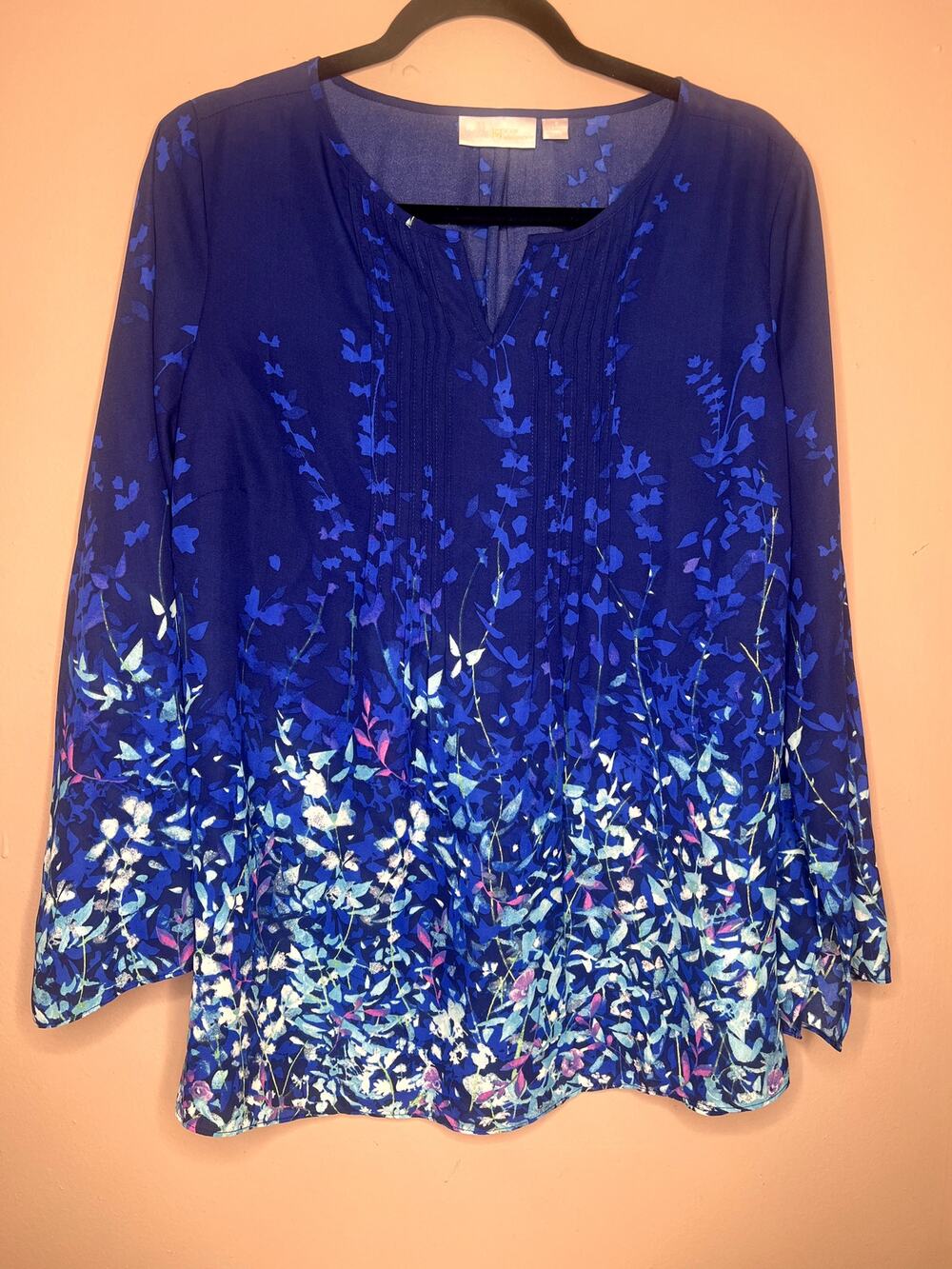 Belle by Kim Gravel Blue Ombre Floral Pintuck Blouse Top NWOT S